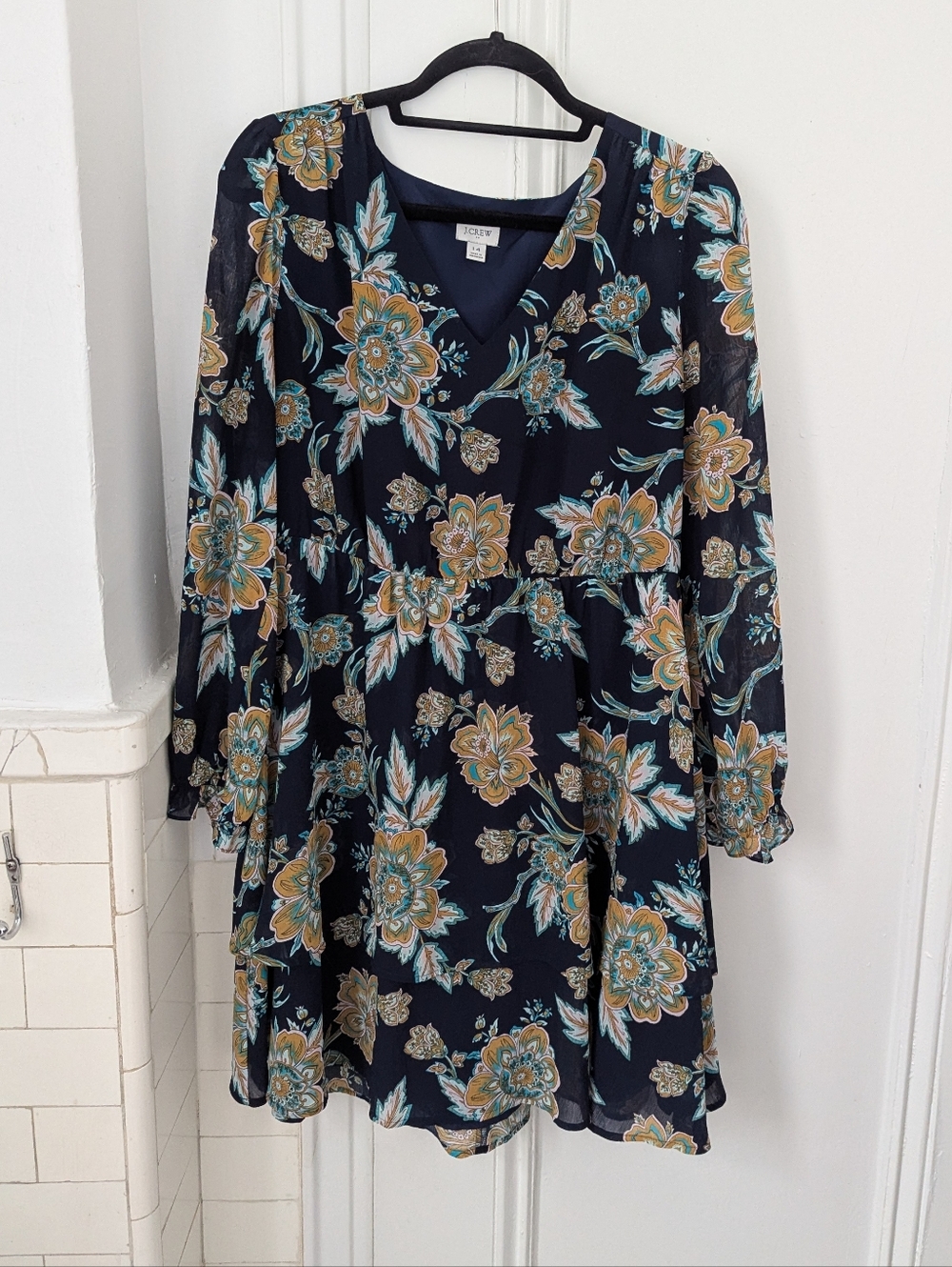 J. Crew Navy Floral Long-Sleeve Dress with Teal & Mustard Accents
